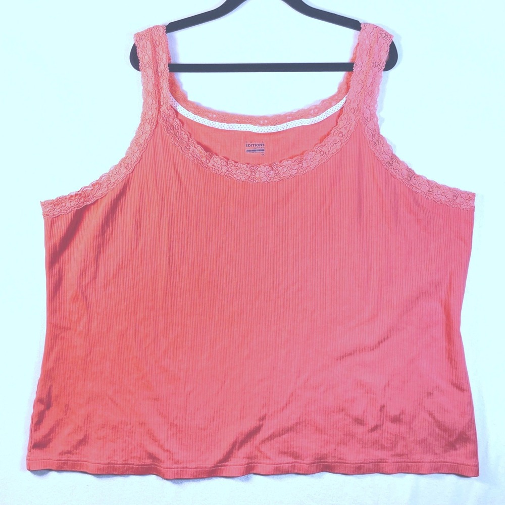 Y2K lace edge coral pink cotton rib knit cami tank top 4X 90s fairycore